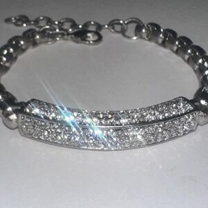 Silver Tone Crystal ID Chain Bracelet Womens 9 Inch Pave Lobster Clasp Sparkle